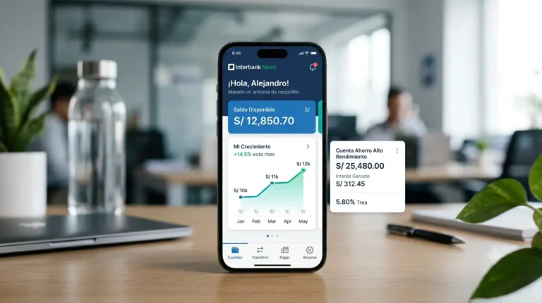 Interfaz digital de banca móvil en Perú mostrando una simulación de depósito a plazo fijo y crecimiento de ahorros en soles.