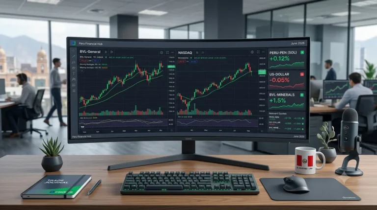 Pantalla de laptop mostrando gráficos de índices bursátiles y cotizaciones de acciones en tiempo real con fondo de oficina.
