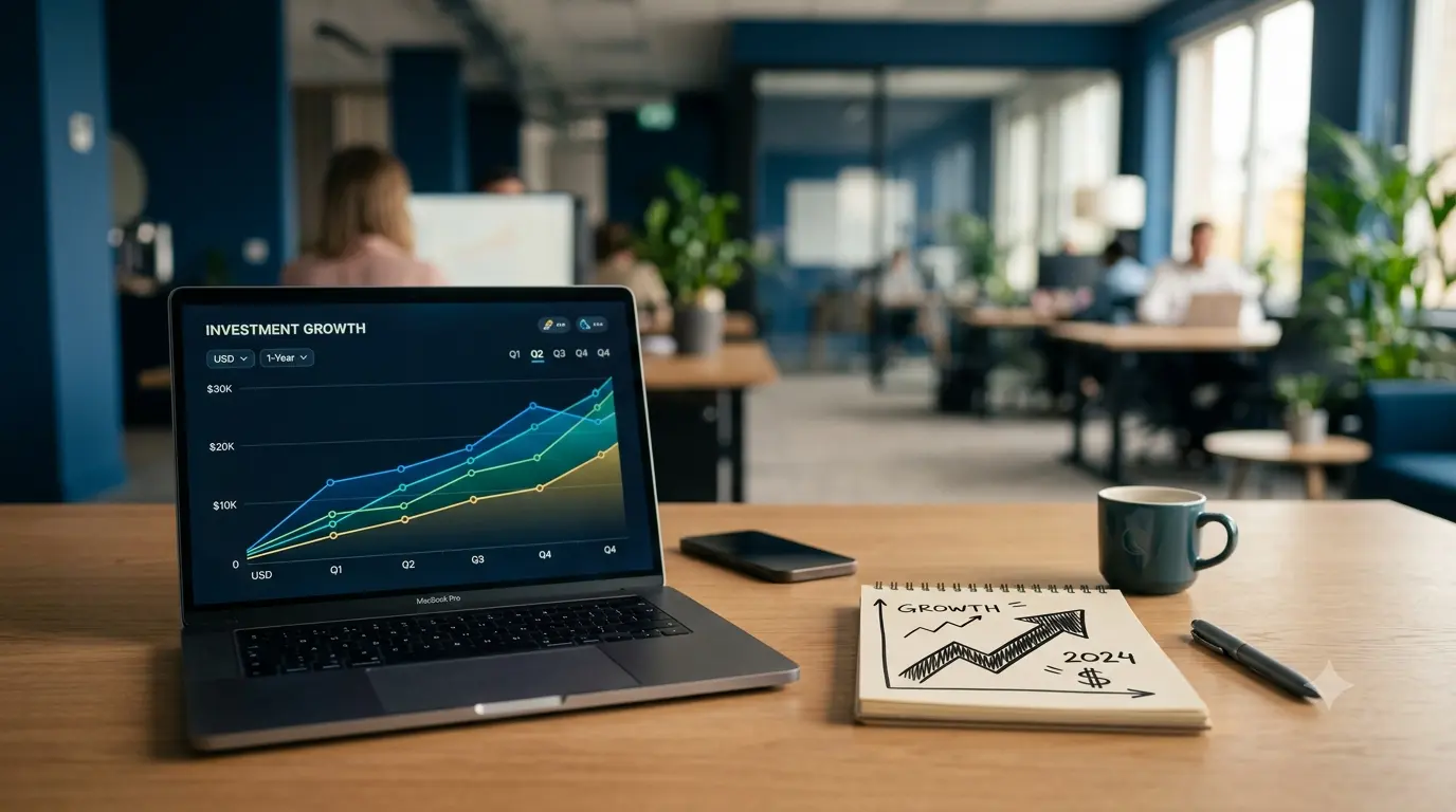 Gráfico de crecimiento financiero en una pantalla junto a monedas de un sol peruano y una libreta de notas para finanzas personales