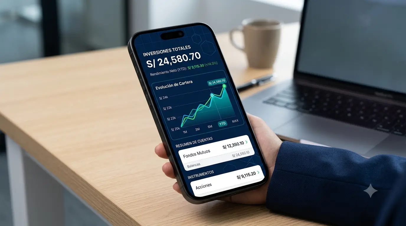 Mano sosteniendo un teléfono inteligente mostrando gráficos financieros digitales estables sobre una mesa de oficina moderna.