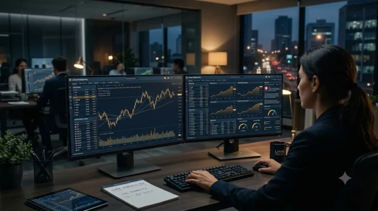Un monitor de computadora de oficina mostrando velas japonesas, paneles financieros digitales y gráficos bursátiles en tiempo real.