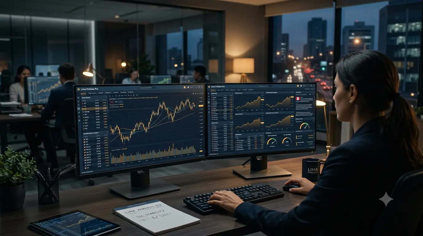 Un monitor de computadora de oficina mostrando velas japonesas, paneles financieros digitales y gráficos bursátiles en tiempo real.